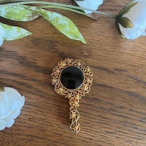 Vintage Ornate Gold-Tone Hand Mirror with Black Cabochon